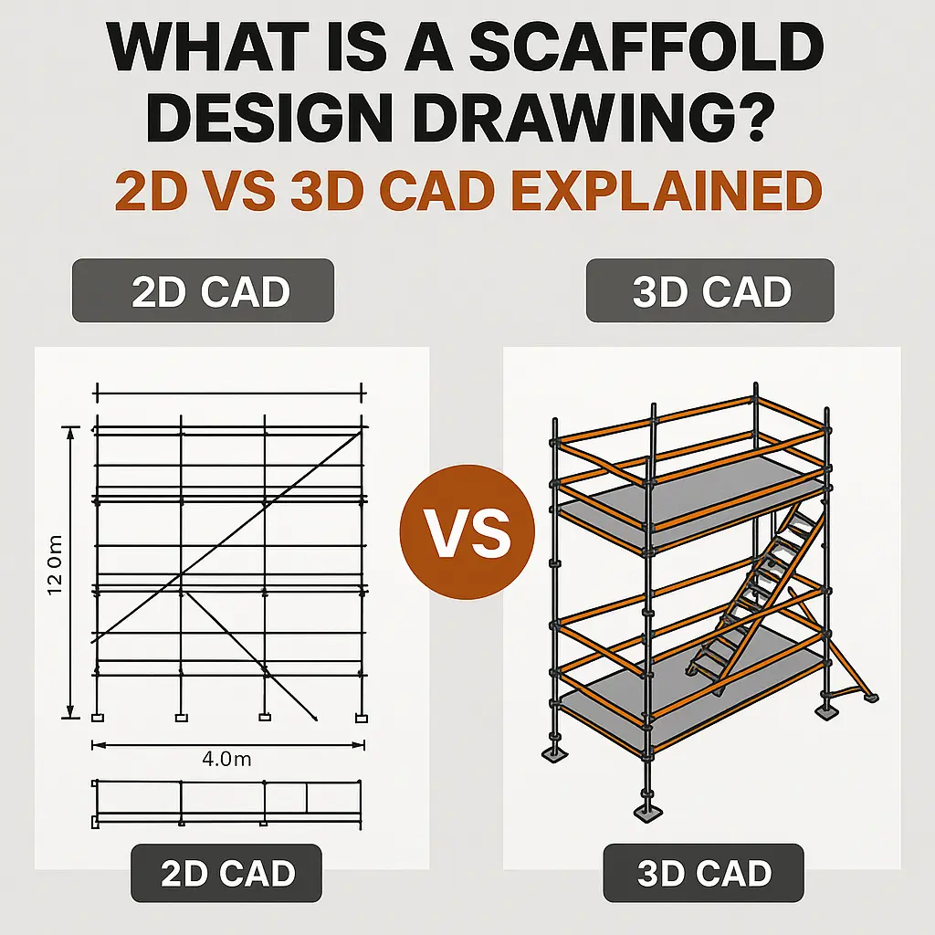 Infographic comparing 2D vs 3D scaffold design drawings. The left side shows a black-and-white 2D CAD scaffold plan with measurements,